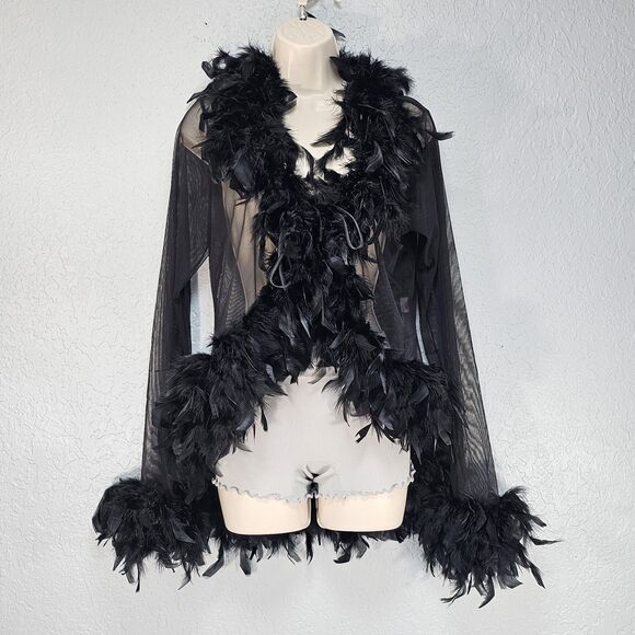 Vtg Frederick's of Hollywood Black Feather Trim Mesh Short Robe L/XL Boho Glam - Picture 1 of 7